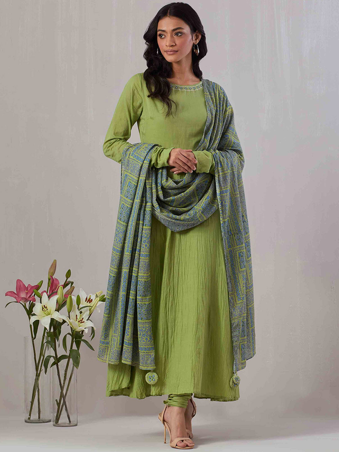 GRASS & SUNSHINE Desert Dream Women Floral Embroidered Anarkali Pure Cotton Kurta Set