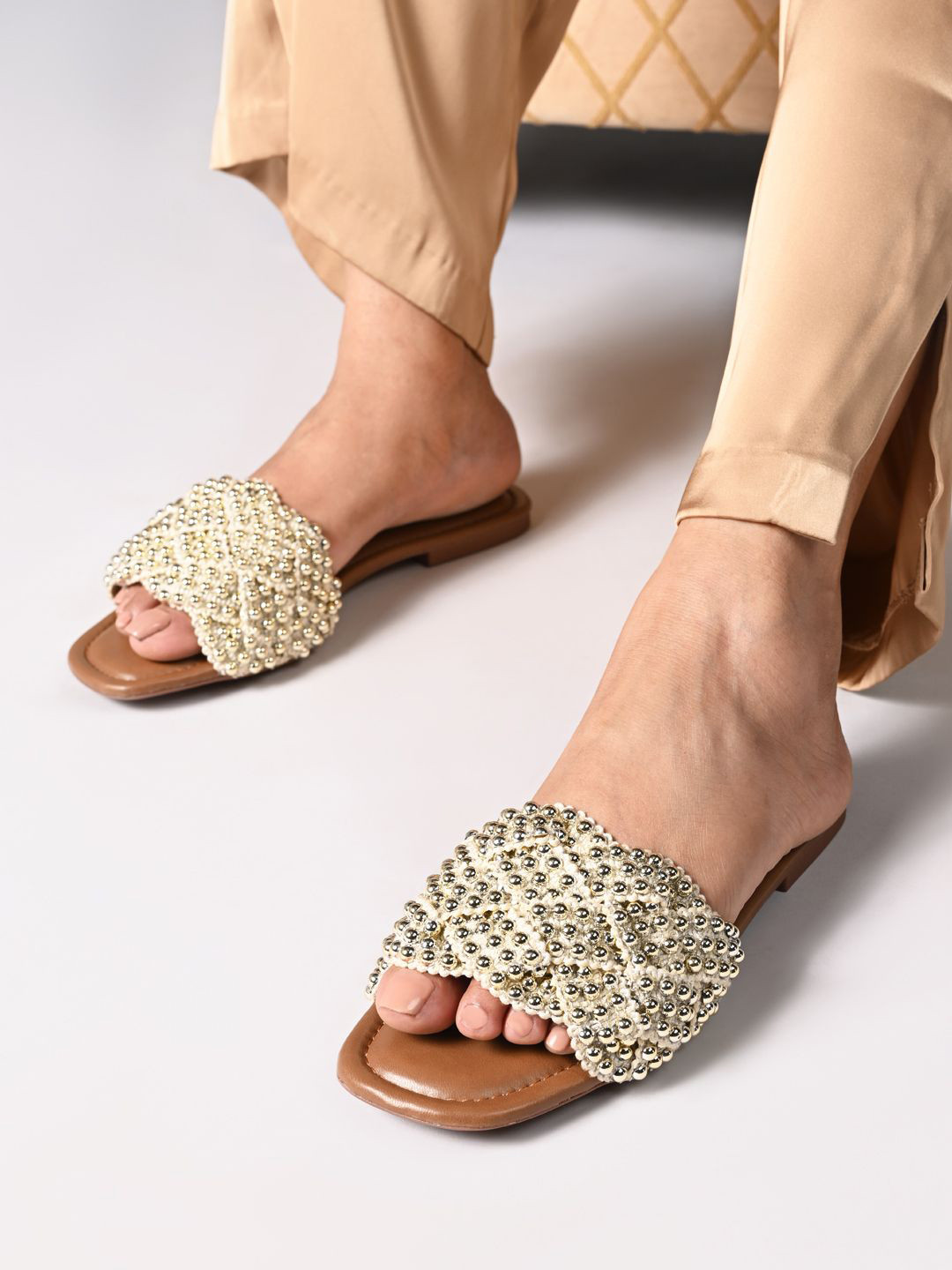 CAI Women Gold Open Toe Studded Lace Tan Flat