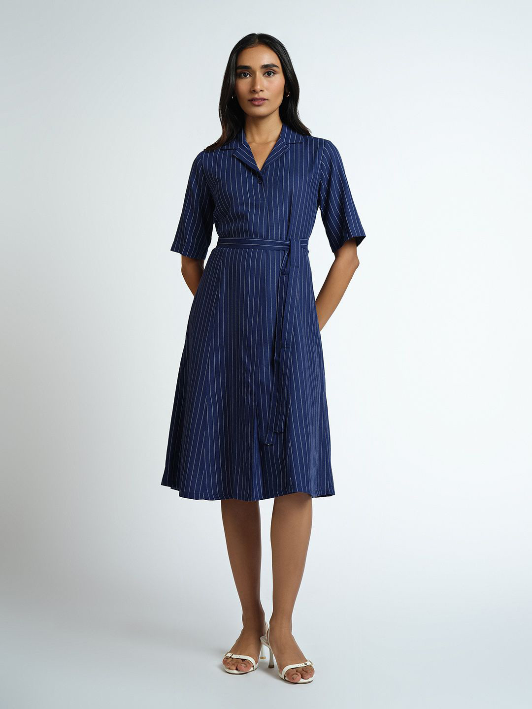 AND Women Lapel Collar Striped Print Fit and Flare Shirt Dress