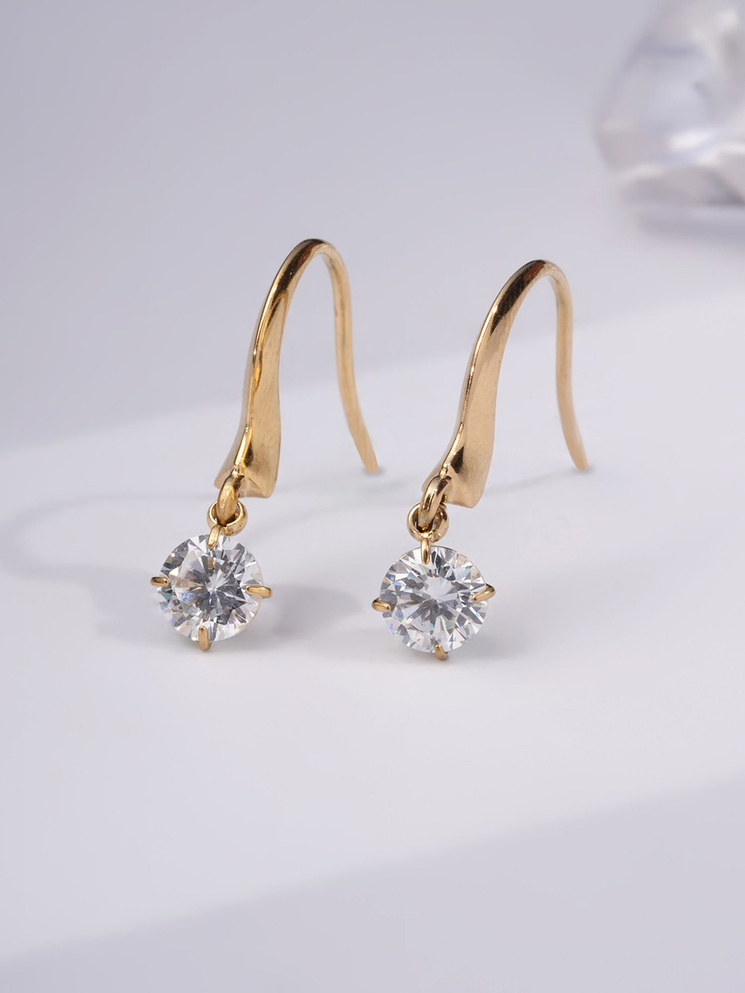 PALMONAS Gold-Plated Stainless Steel DewGlow Cubic Zirconia Diamond Shaped Drop Earrings