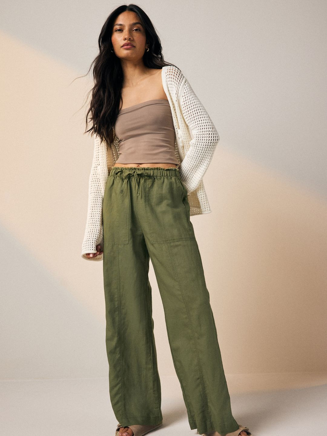 NEXT Women Mid-Rise Front Seam  Wide Leg Flared Linen-Cotton Trousers