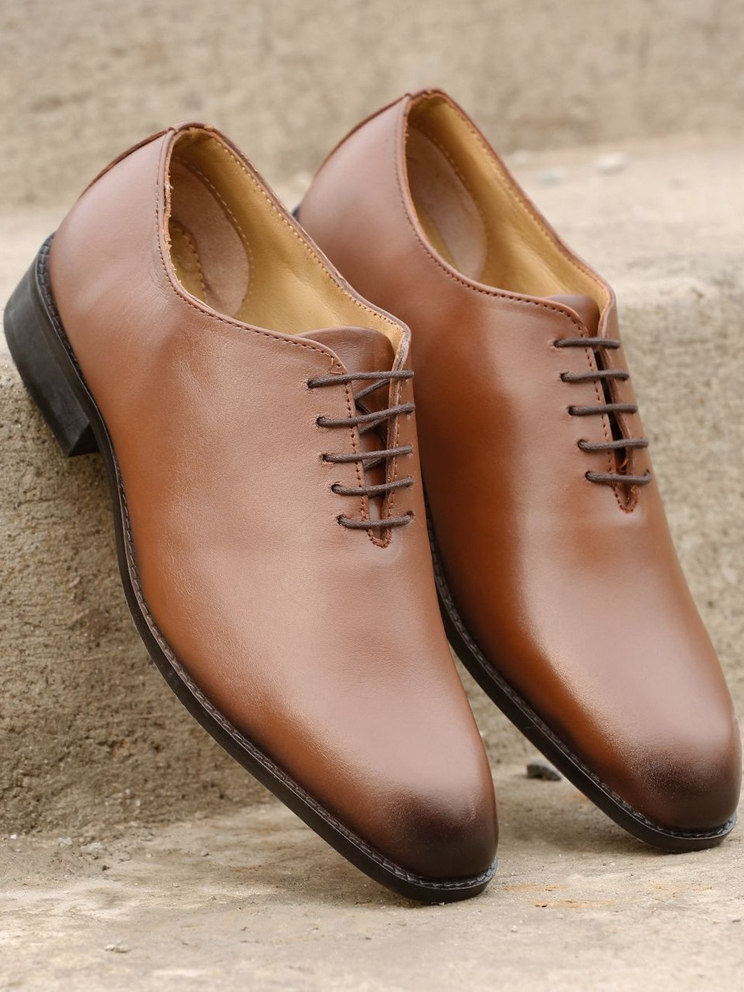 Kosher Men Tan Round Toe Lace Up Leather Deby Shoes With TPR Sole