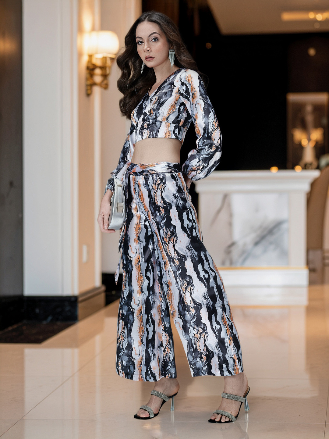 bebe Dose of Vitamin Abstract Print Crop Satin-Finish Party Fitted Top with Palazzos