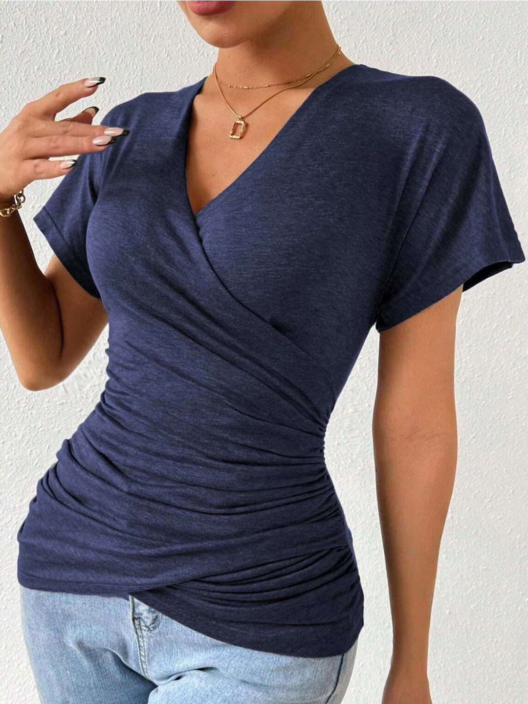 Outzidr V-Neck Ruched Wrap Net Top