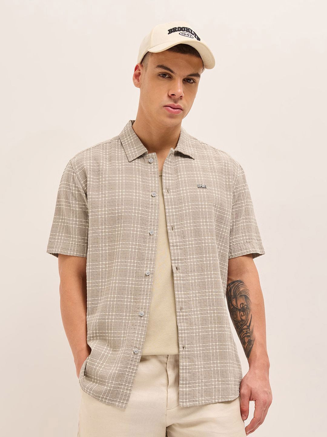 THE BEAR HOUSE Micro Checked Short Sleeves Cotton Shirt