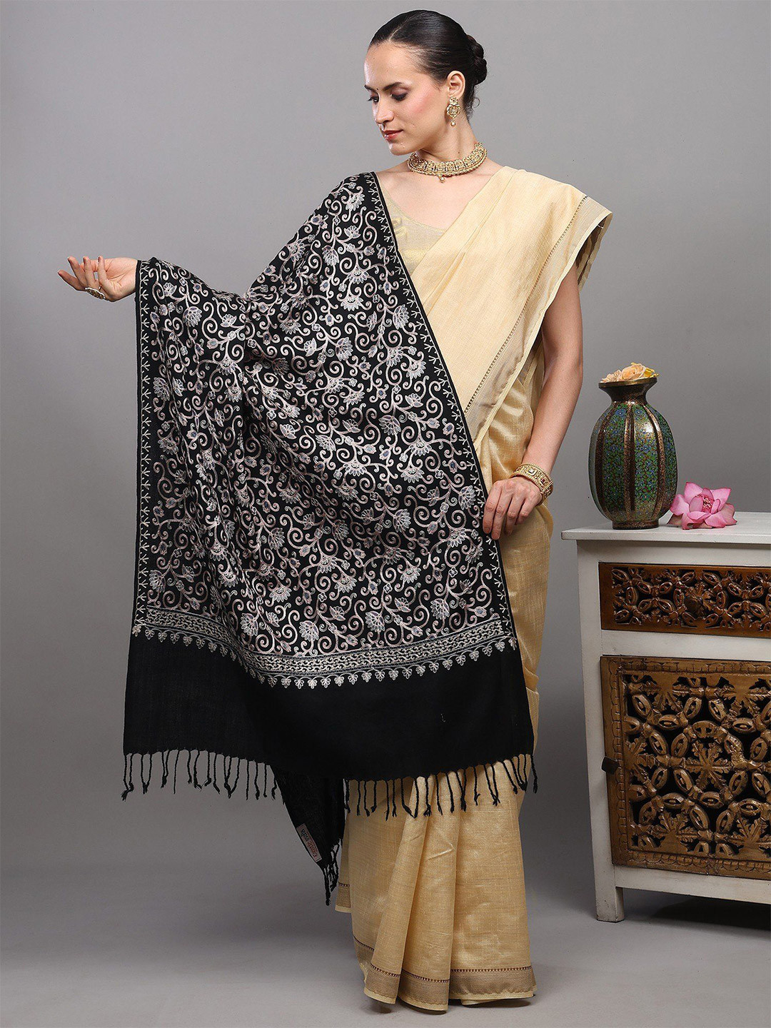 Exotic India Amritsar With Intricate Sozni Floral Embroidered Woollen Stole