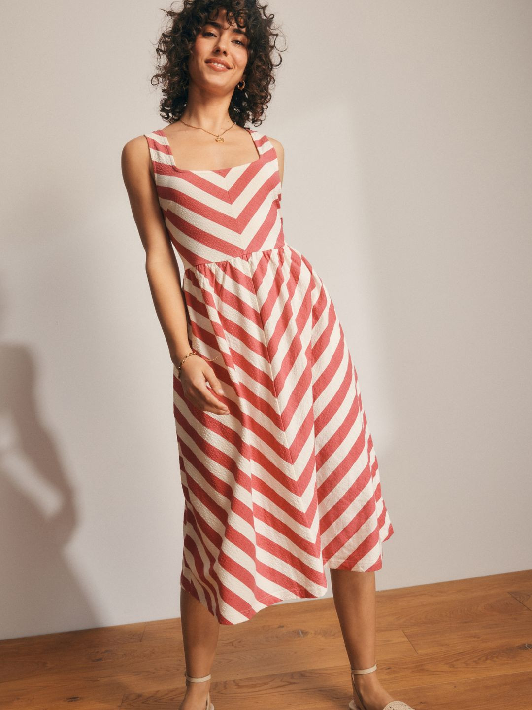 NEXT Striped Square Neck Pure Cotton Fit & Flare Midi Dress