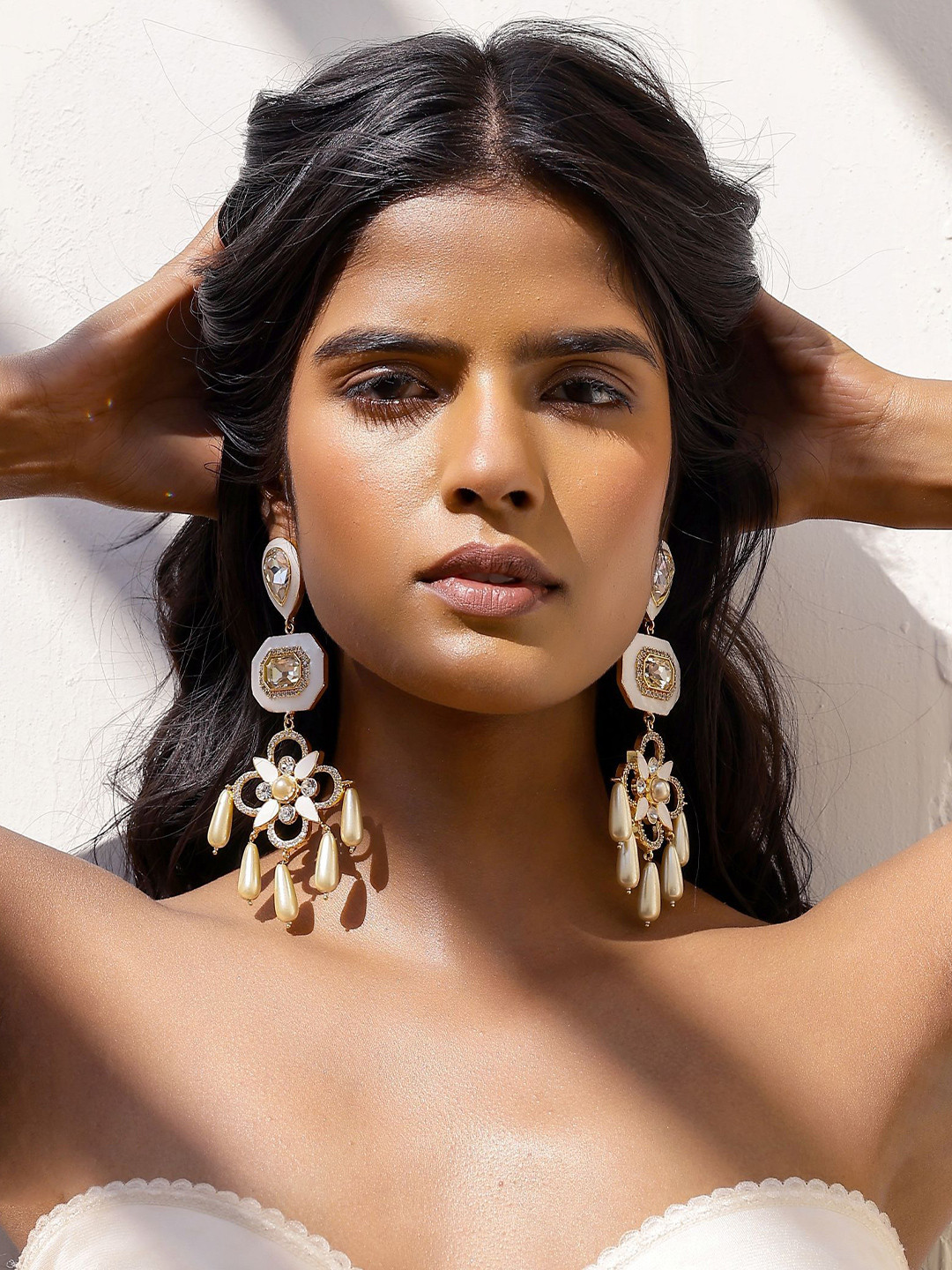 BBlingg Swarovski Crystal Studded And Artificial Beaded Floral Shaped Drop Earrings