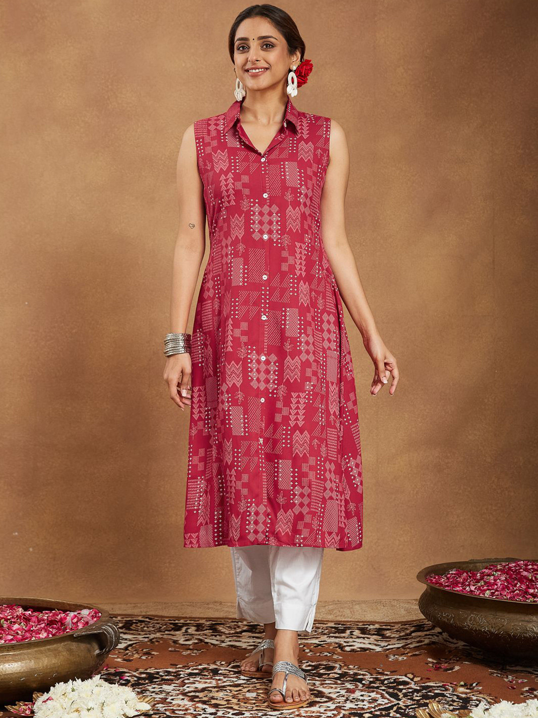 Janasya Women Geometric Printed Screen Print Festive A-Line Kurta