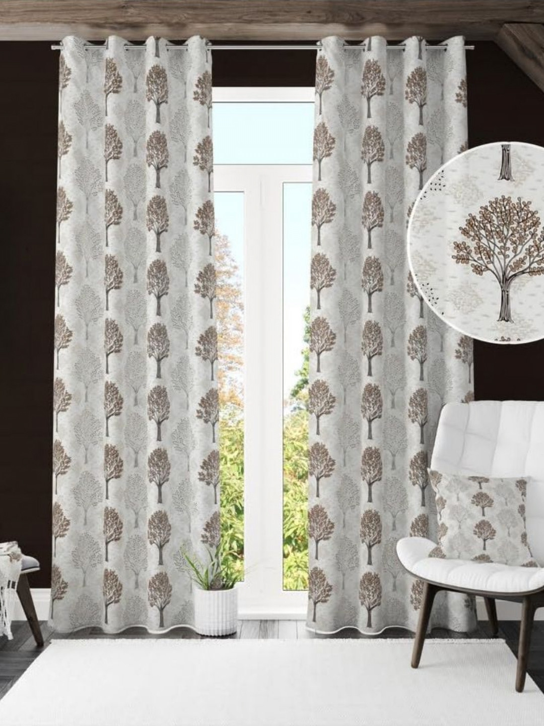 UrbanArts Brown And White 2 Pieces Floral Printed Room Darkening Window Curtains