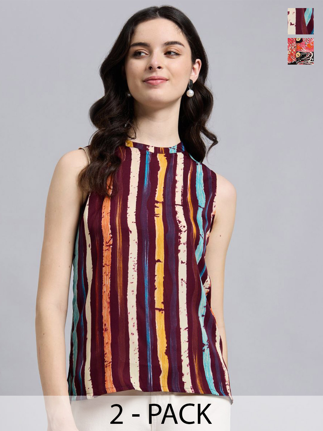 THE FAB FACTORY Women Pack Of 2 Vertical Stripes Round Neck A-Line Top