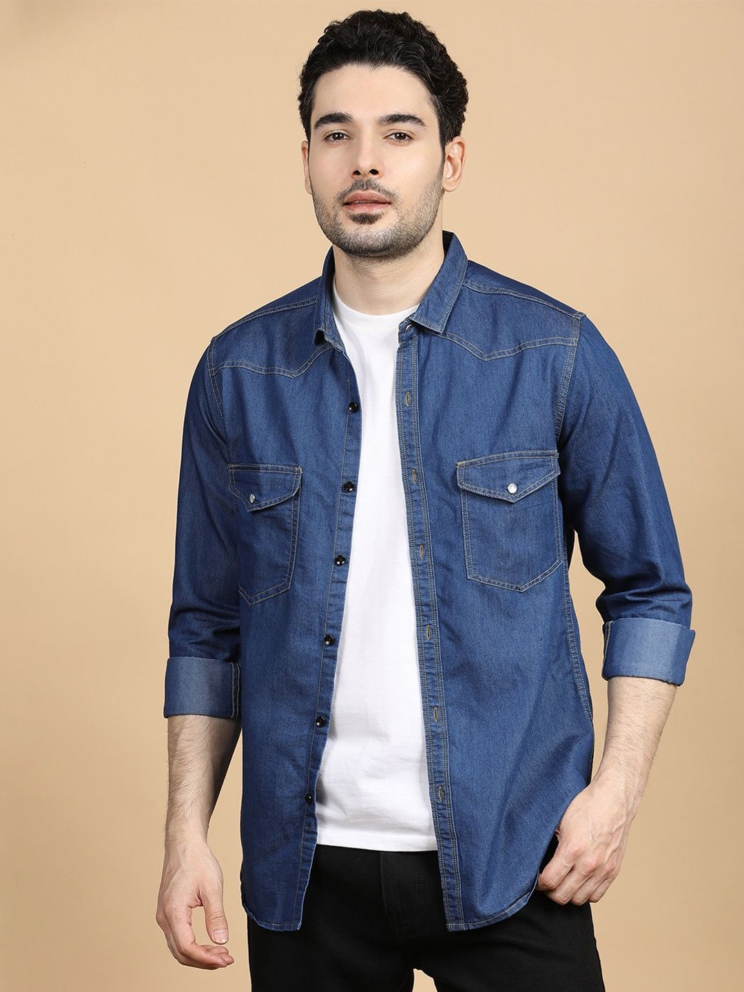 GRANDSTITCH Men Classic Fit Solid Spread Collar Casual Shirt