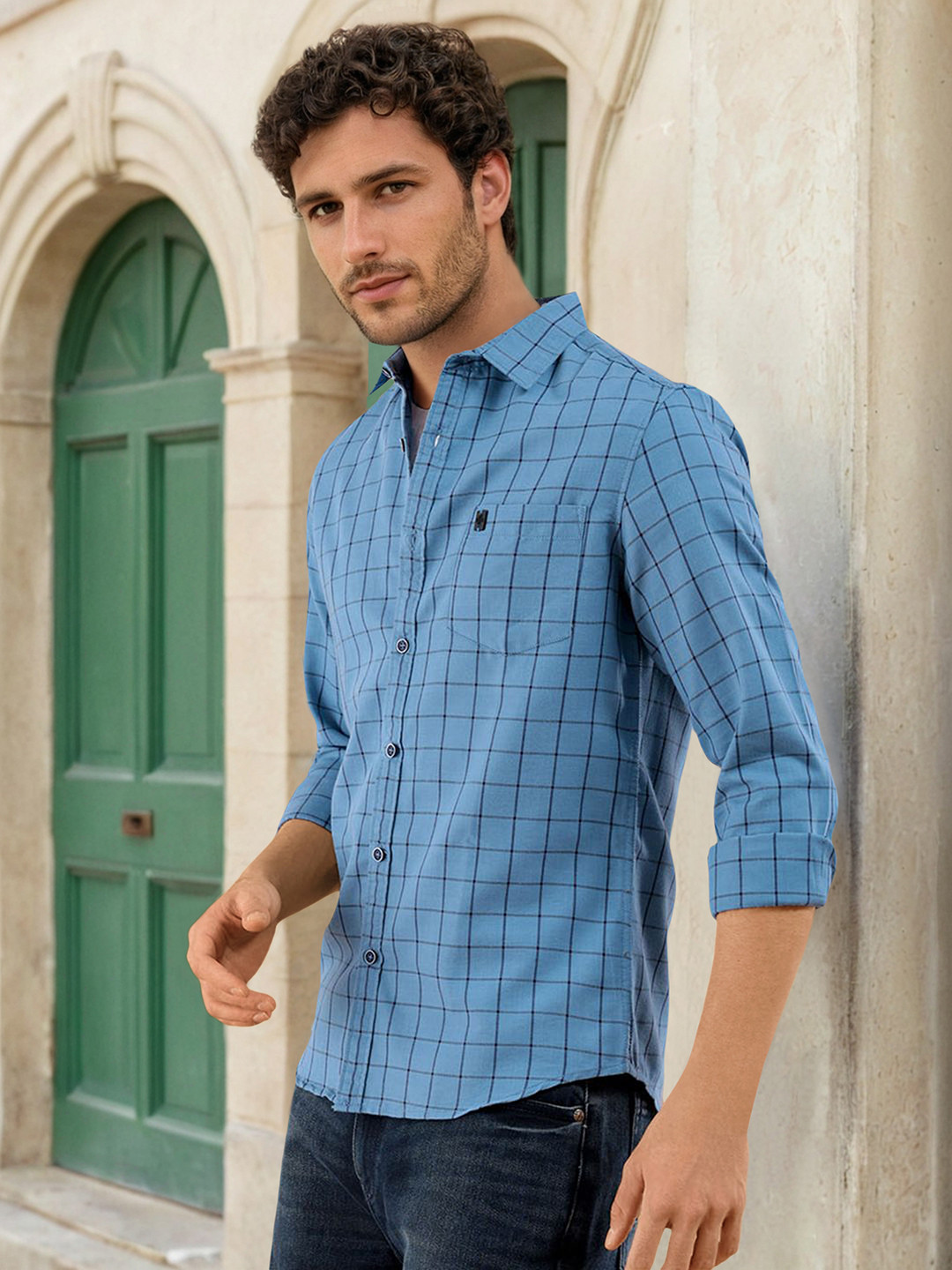 The Indian Garage Co Checked Pure Cotton Casual T-Shirt