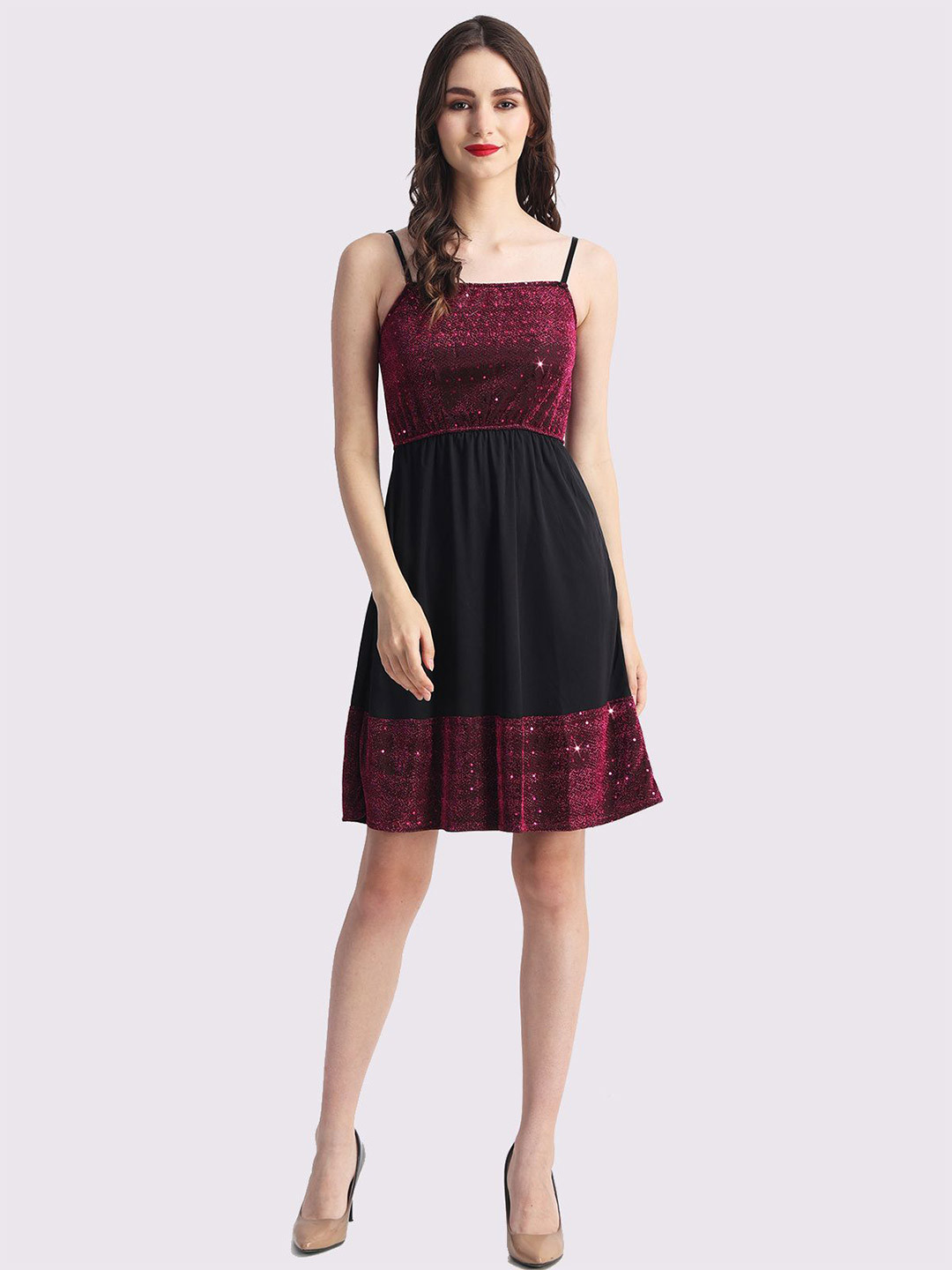 Lola  Dola Women Self Design Fit and Flare Knee Length Party Dress