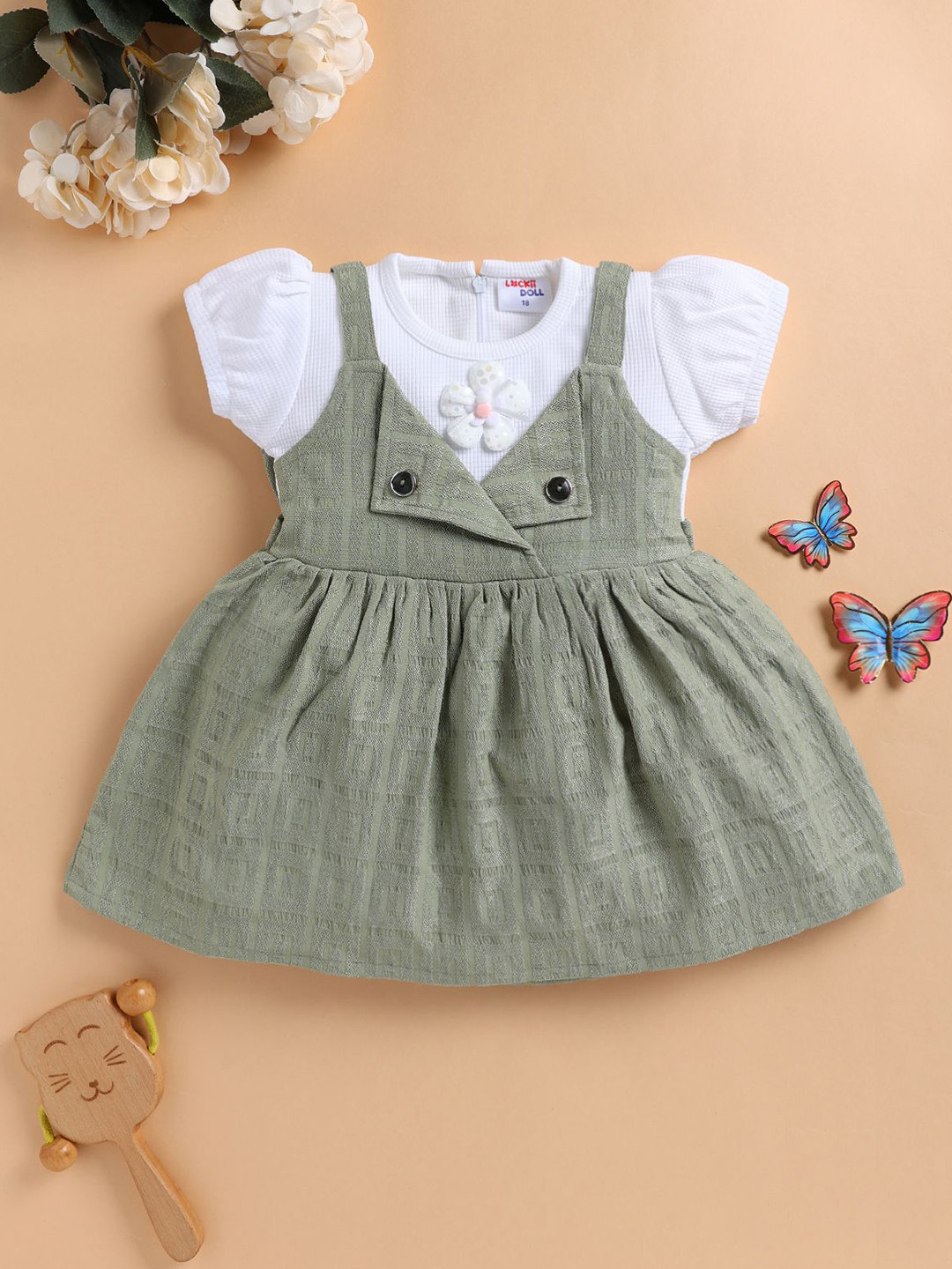 LACKii DOLL Girls Colourblocked Puff Sleeve Fit & Flare Dress