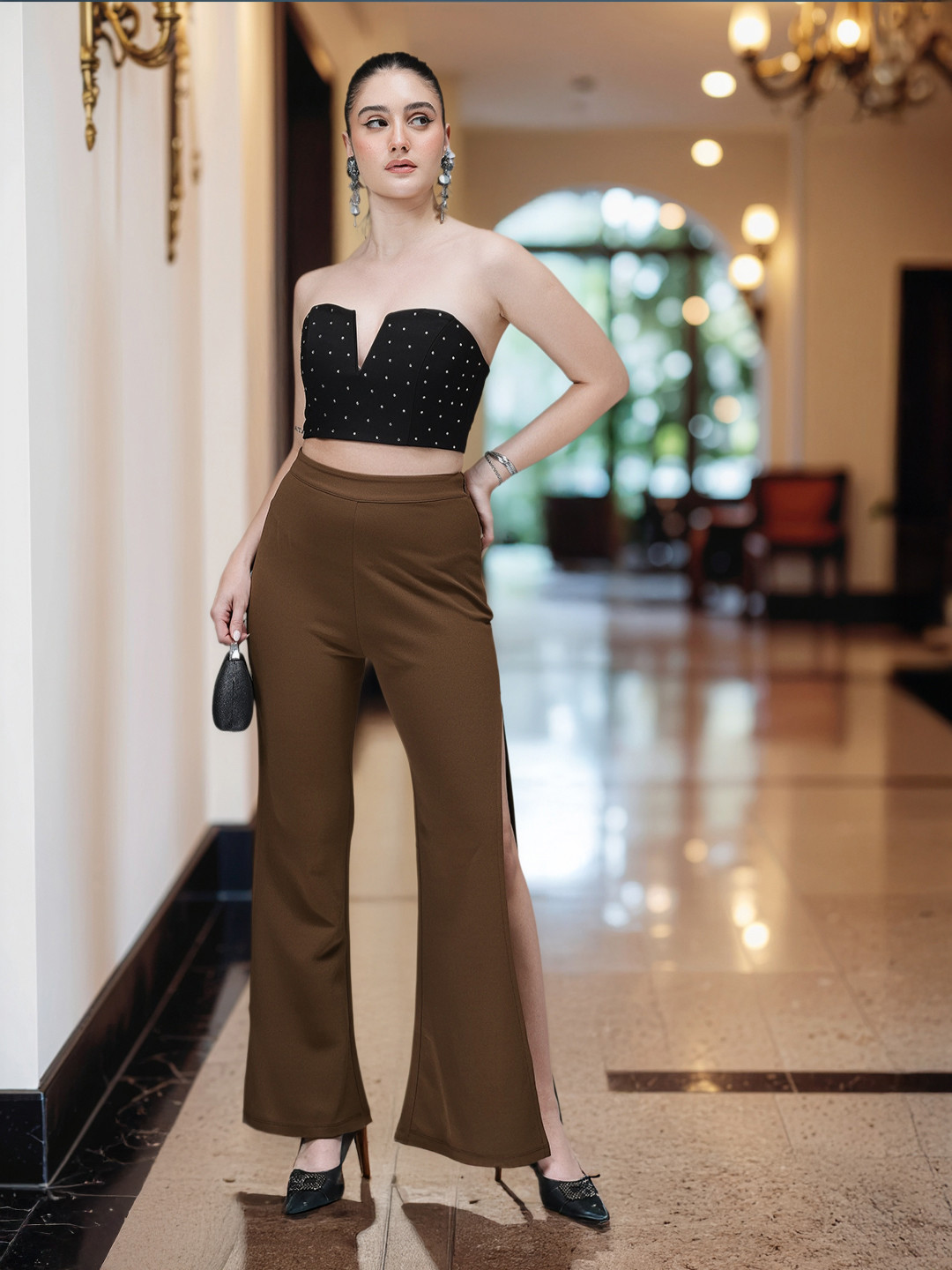 bebe Women Future Glam High-Rise High Slit Bootcut Trousers