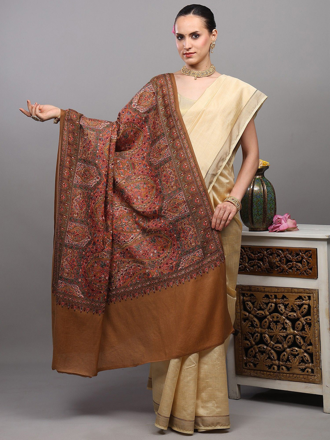 Exotic India Flowers & Paisley Embroidered Mocha Mousse Pure Wool Shawl From Amritsar