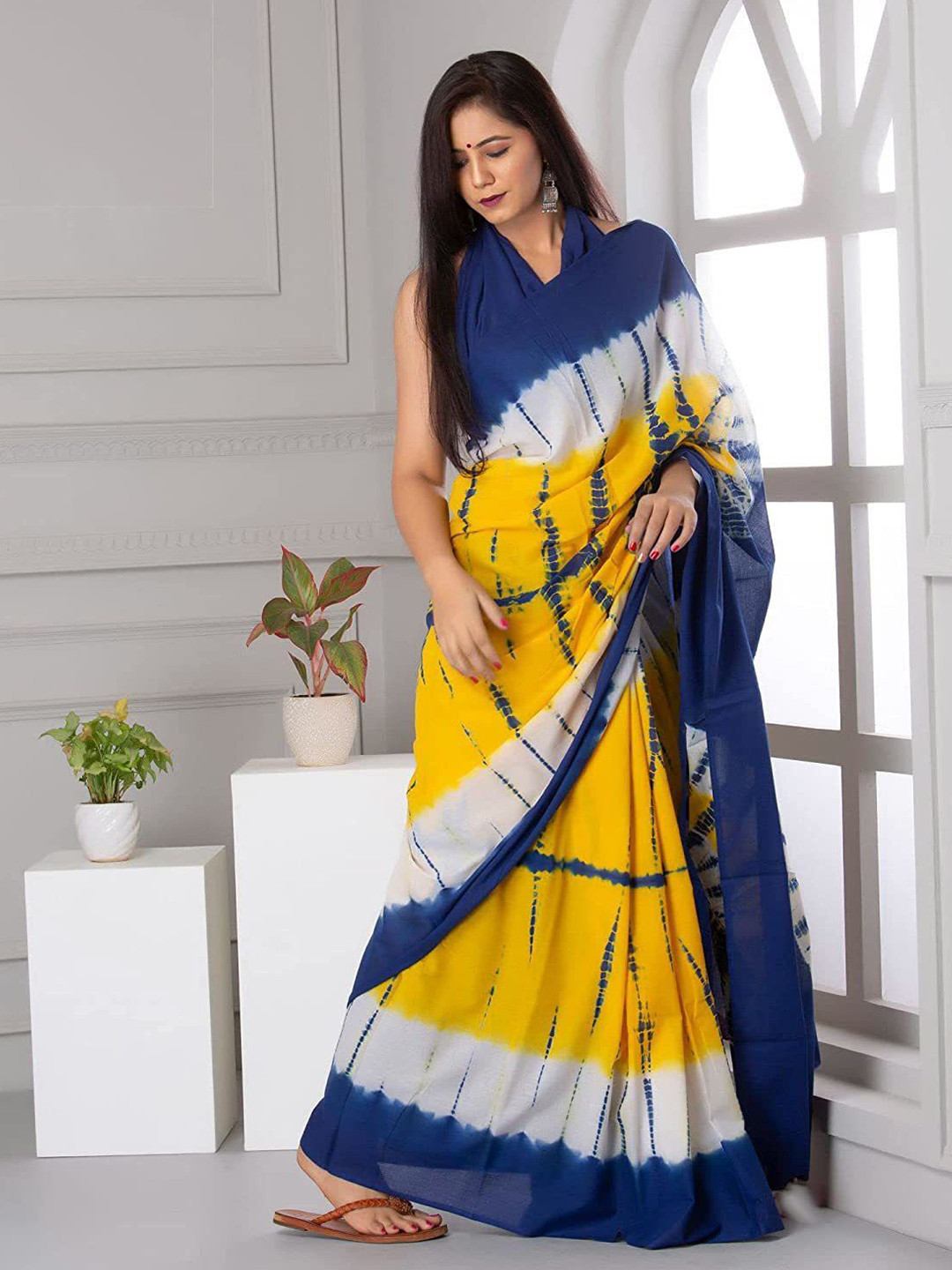 Craft Musium Tie & Dye Pure Cotton Block Print Saree With Blouse Piece