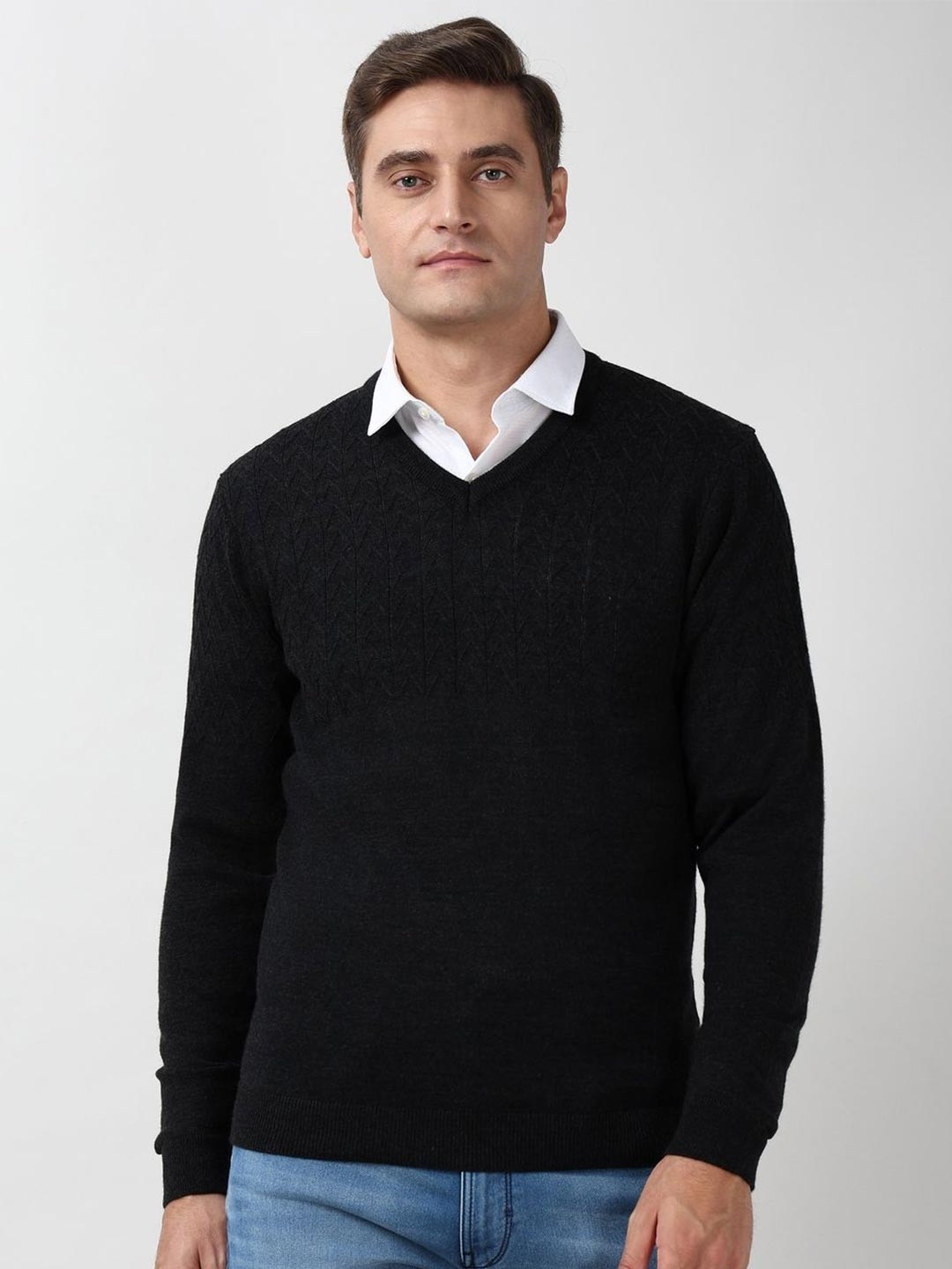 Peter England Elite Men Self Design Textured V Neck Pullover Sweater