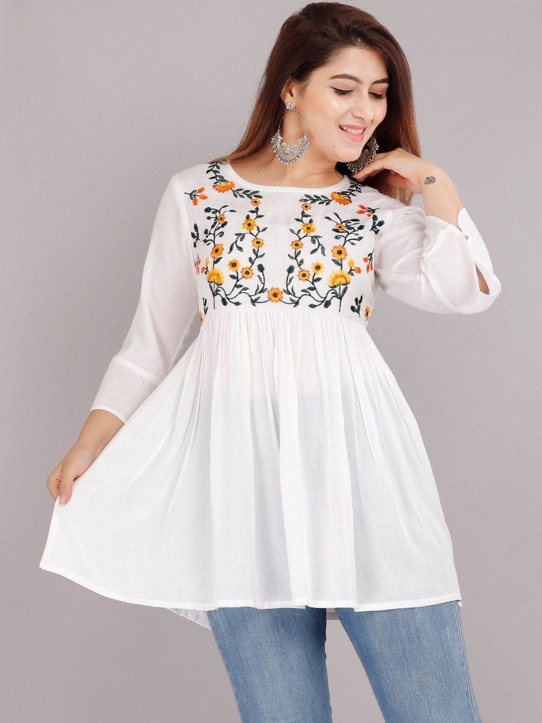 Pari A1 Women Cotton Floral Embroidered Short Top