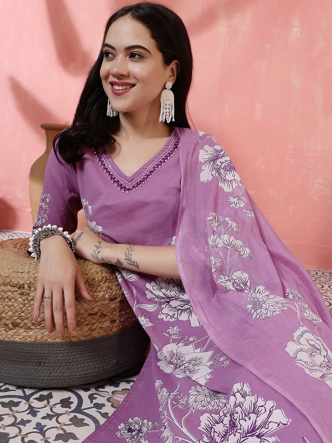 Sangria Women Purple Pure Cotton Printed Yoke Pittan Work Kurta set