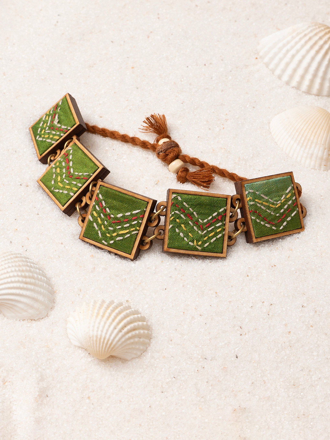 WHE Hand Embroidered Green Repurposed Silk Fabric and Wood Bracelet