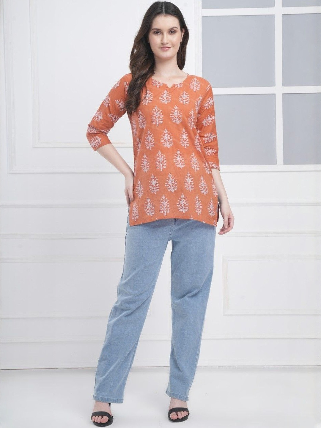 DESIGNER DHAAGE Women Orange Floral Printed Pure Cotton Kurti