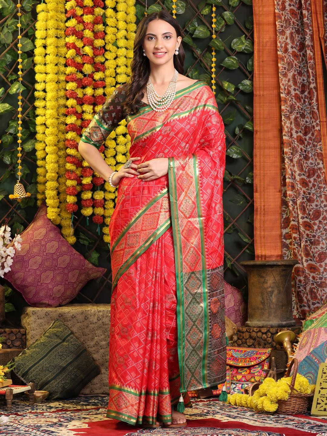 JAY FASHION Woven Design Zari Work Patola Saree With Blouse