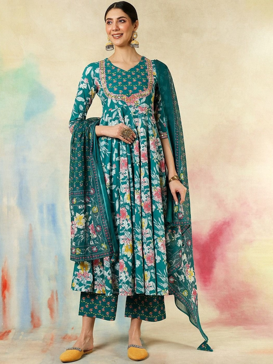 KALINI Cotton Floral Printed Anarkali Kurta Set with Embroidered Yoke & Dupatta Green Festive Outfit