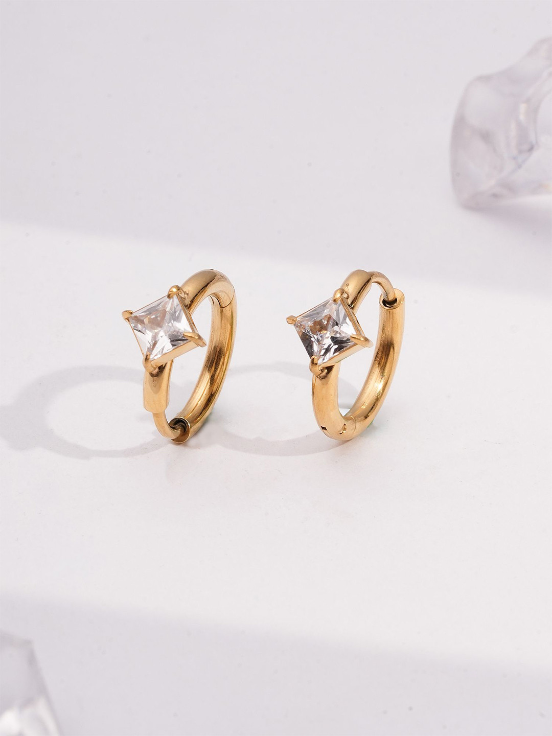 PALMONAS Gold-Plated Stainless Steel Gemlight Elegance Cubic Zirconia Circular Hoops