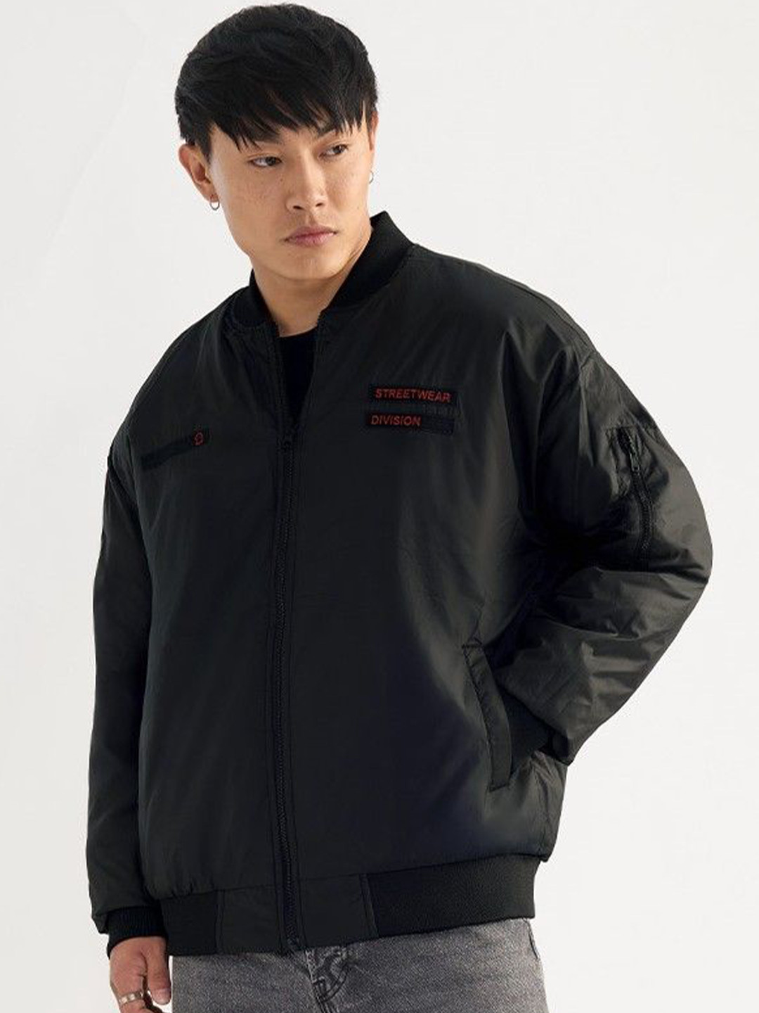 The Souled Store Men Regular Fit Printed Black Bomber Jackets