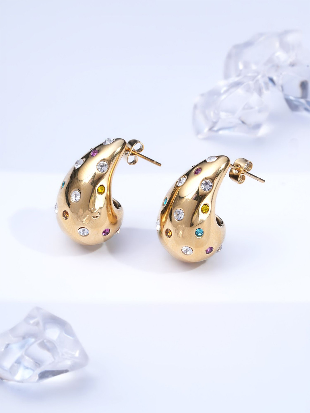 PALMONAS Gold-Plated Stainless Steel Cubic Zirconia JewelDrip Teardrop Shaped Studs
