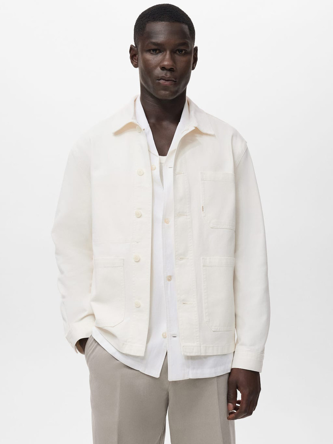 MANGO MAN Spread Collar Pure Cotton Tailored Jacket with Utility Pockets