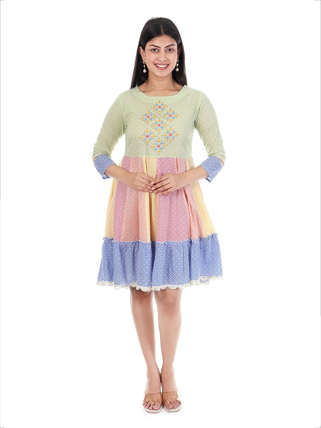 KRIDHAA FASHION BOUTIQUE Floral Printed Embroidered Cotton Fit & Flare Midi Dress