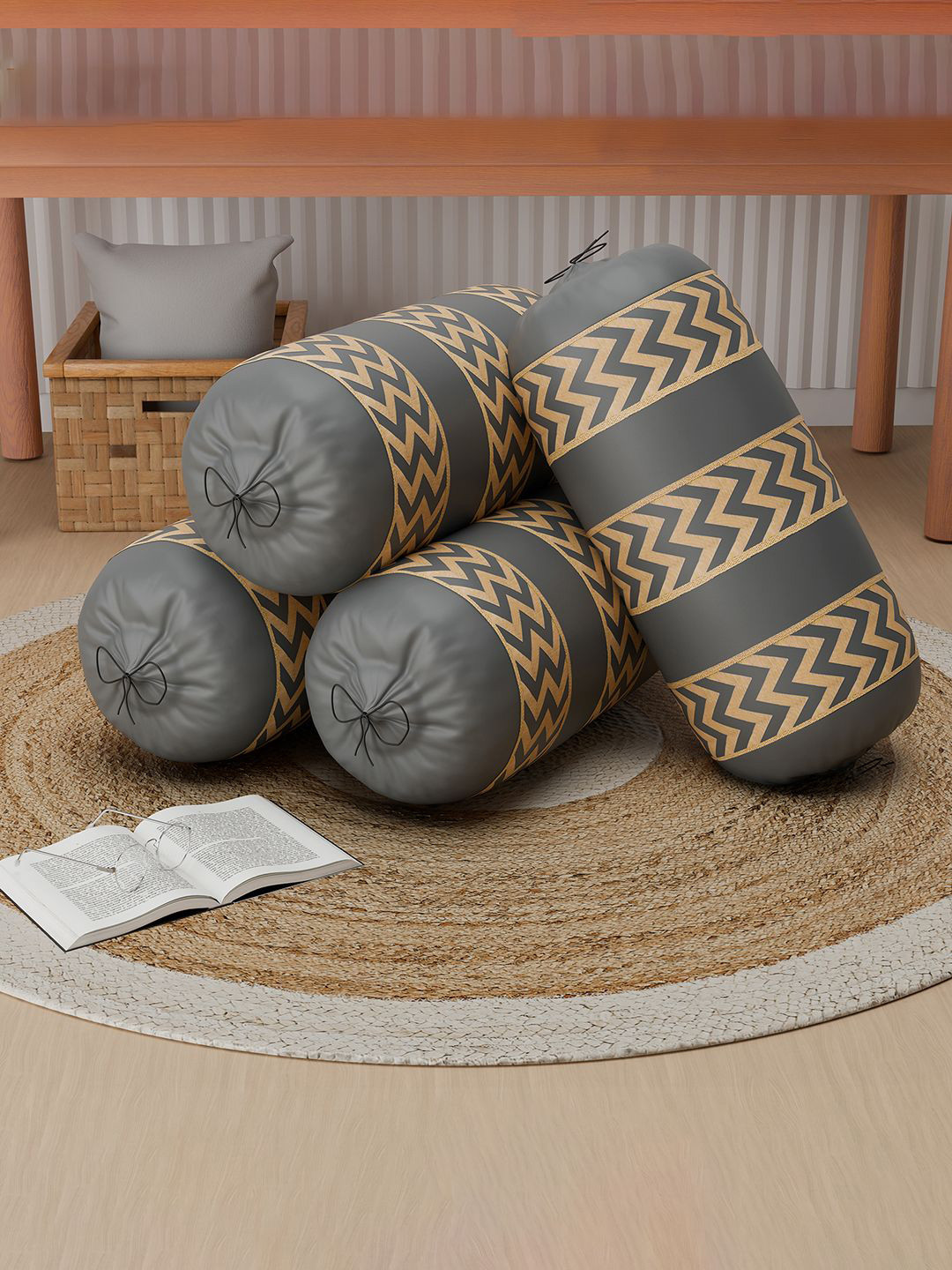 Kuber Industries Bolster Cover Set Of 4 With Drawstring Closure Zig Zag 3 Stripe