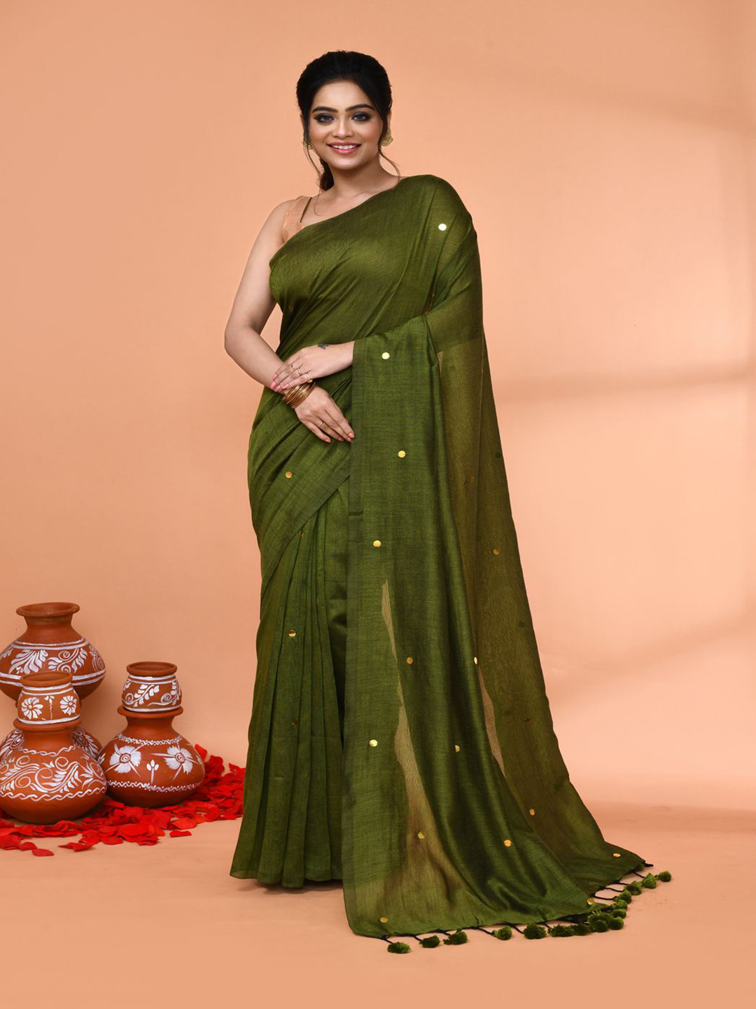 Piyari Fashion Embellished Mirror Work Khadi Saree