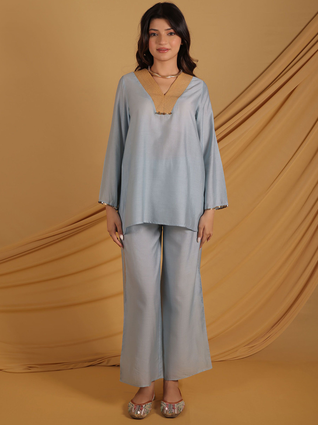 GRASS & SUNSHINE Women V-Neck Chanderi Cotton Kurti with Trousers