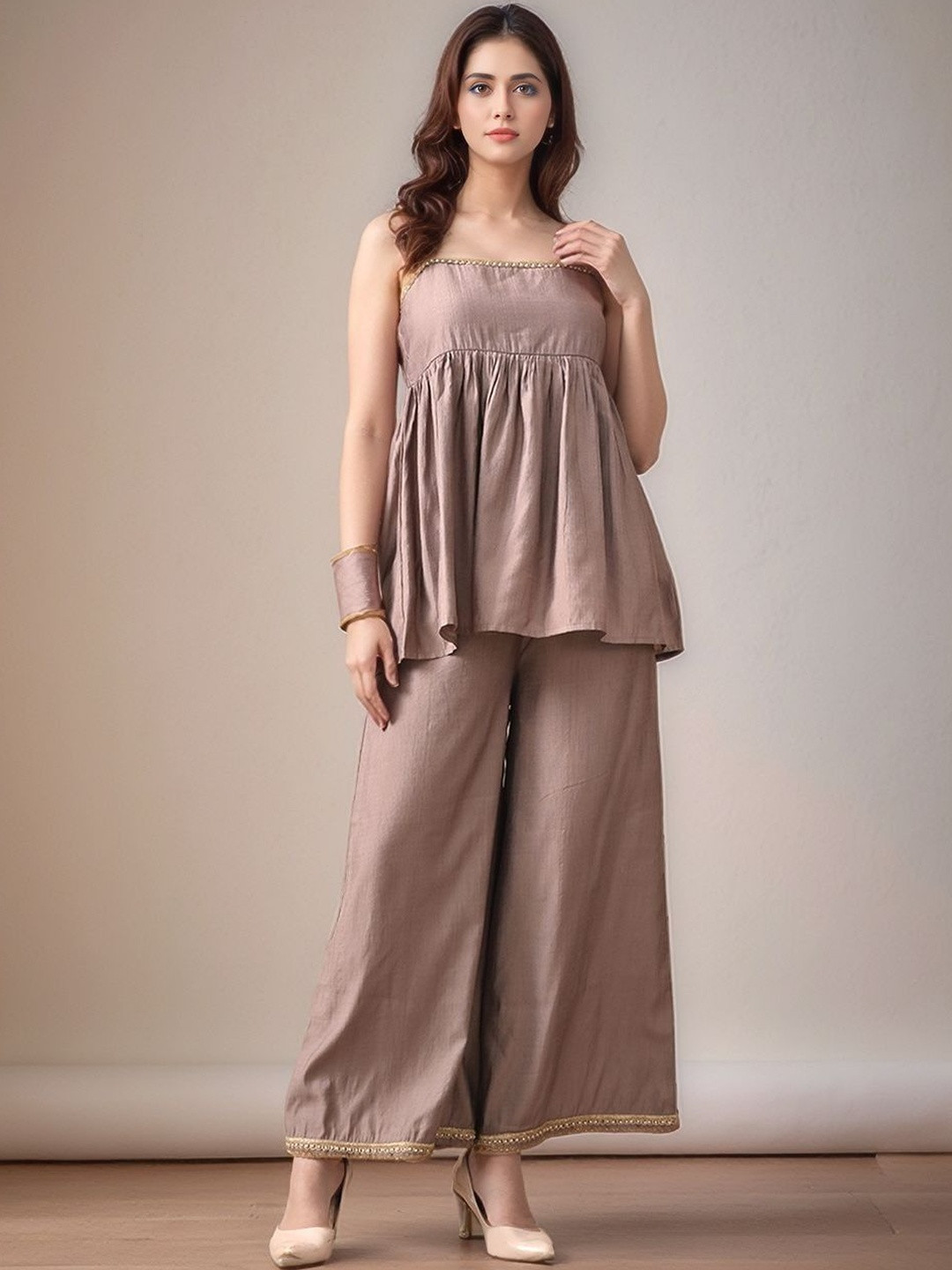 Here&Now Women Grey Peplum Top Trouser Set