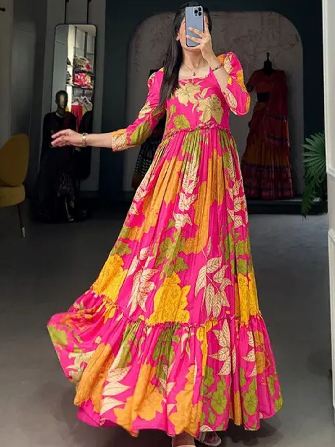 Fashion2wear Rose Bloom Pink Floral Empire Maxi Dress