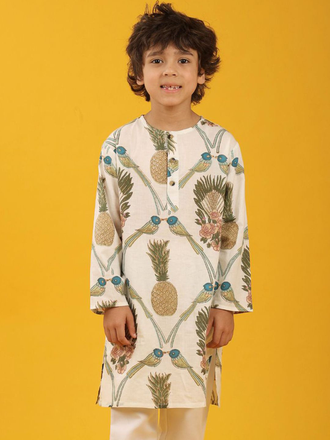 Anthrilo Boys White Pineapple Print Pure Cotton Kurta