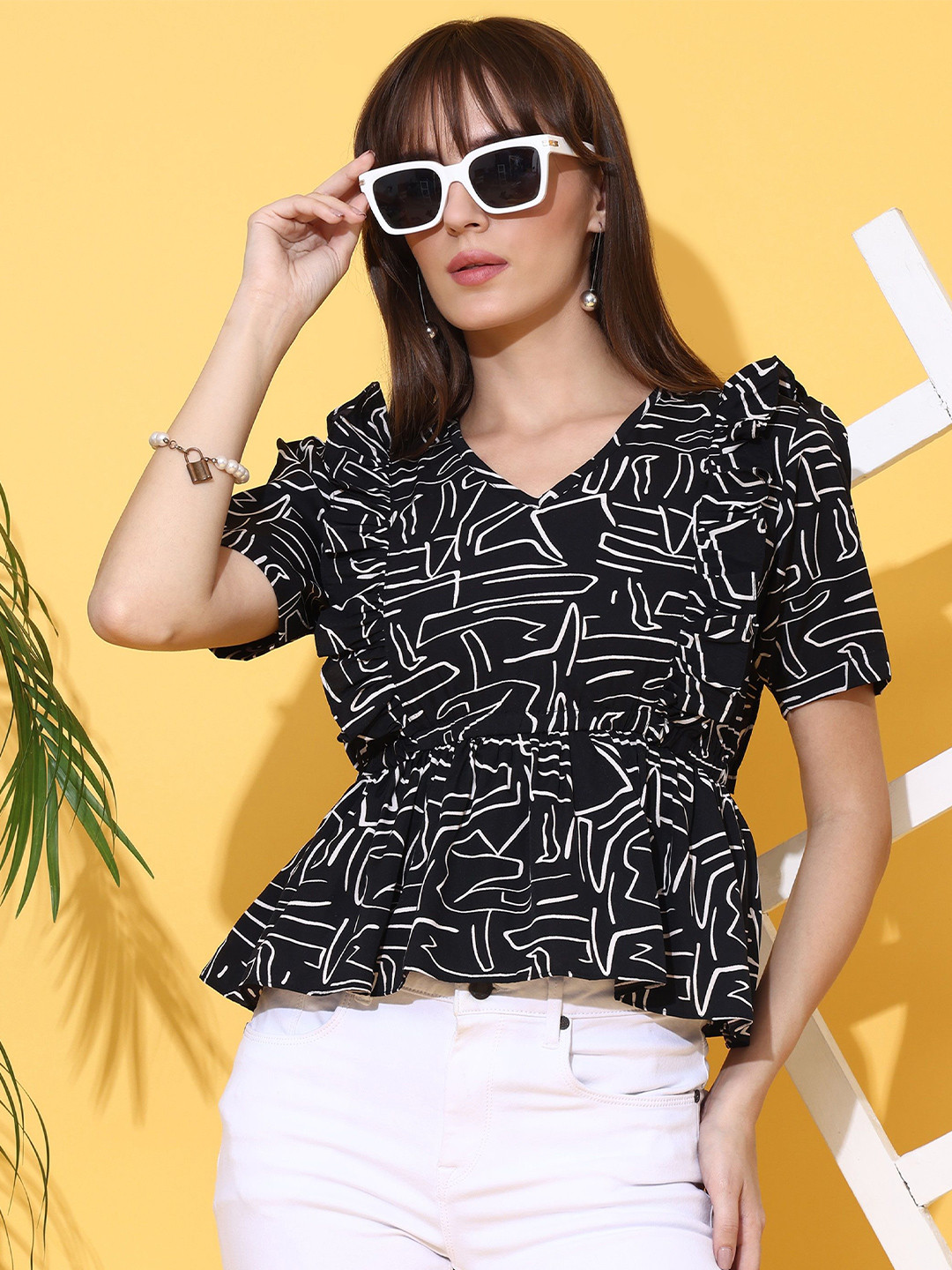 Honky Tonky Printed Puff Sleeve Peplum Top