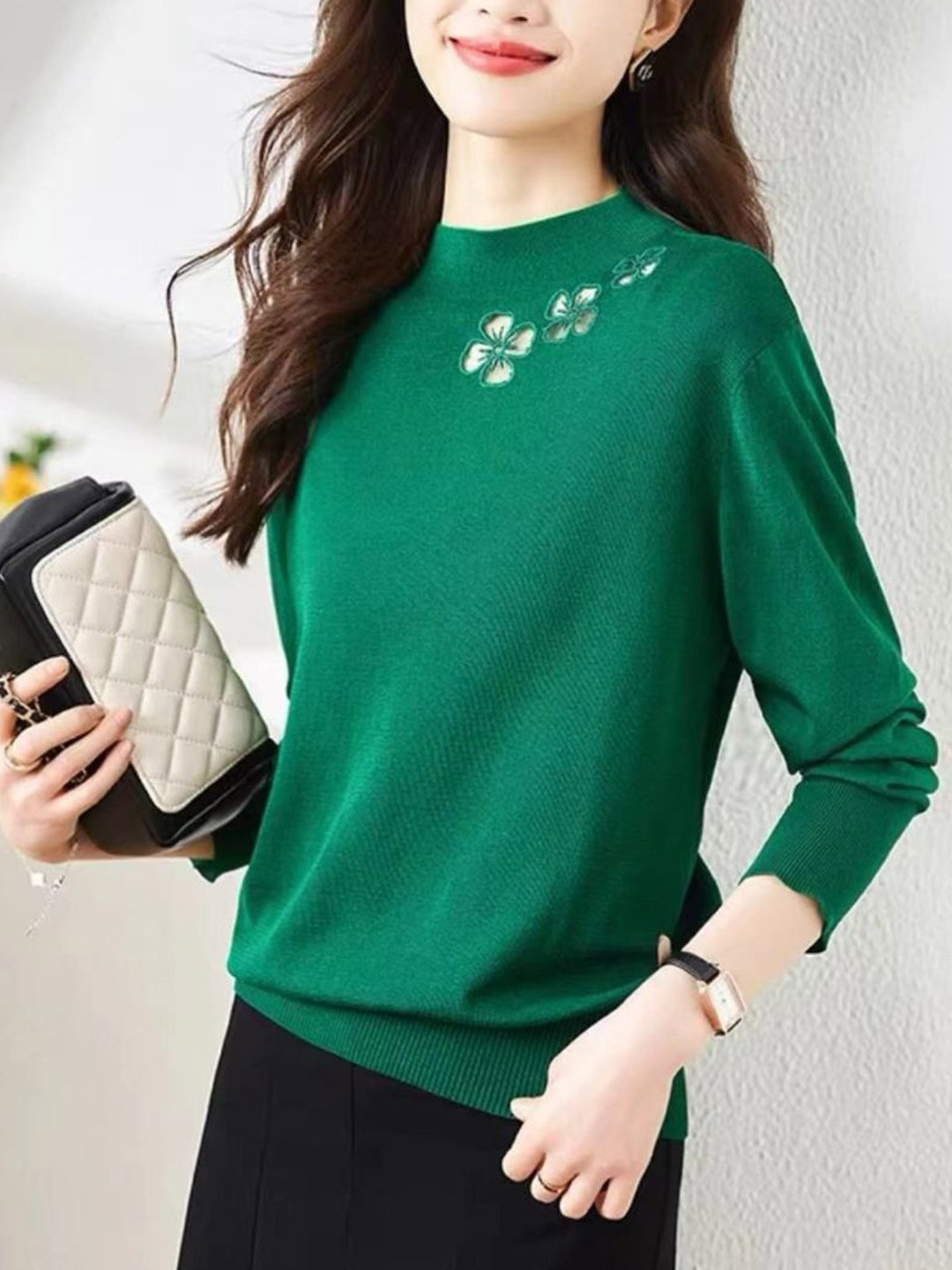 StyleCast Women Green Cotton Long Sleeve Round Neck Sweater