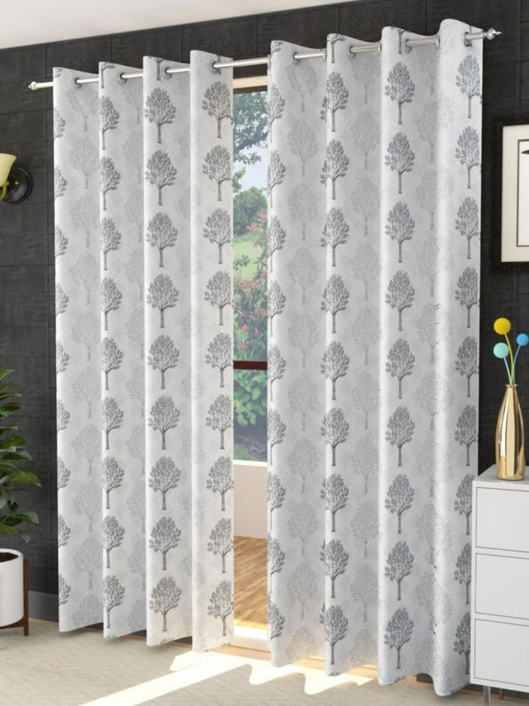 UrbanArts Grey And White 2 Pieces Floral Printed Room Darkening Door Curtains