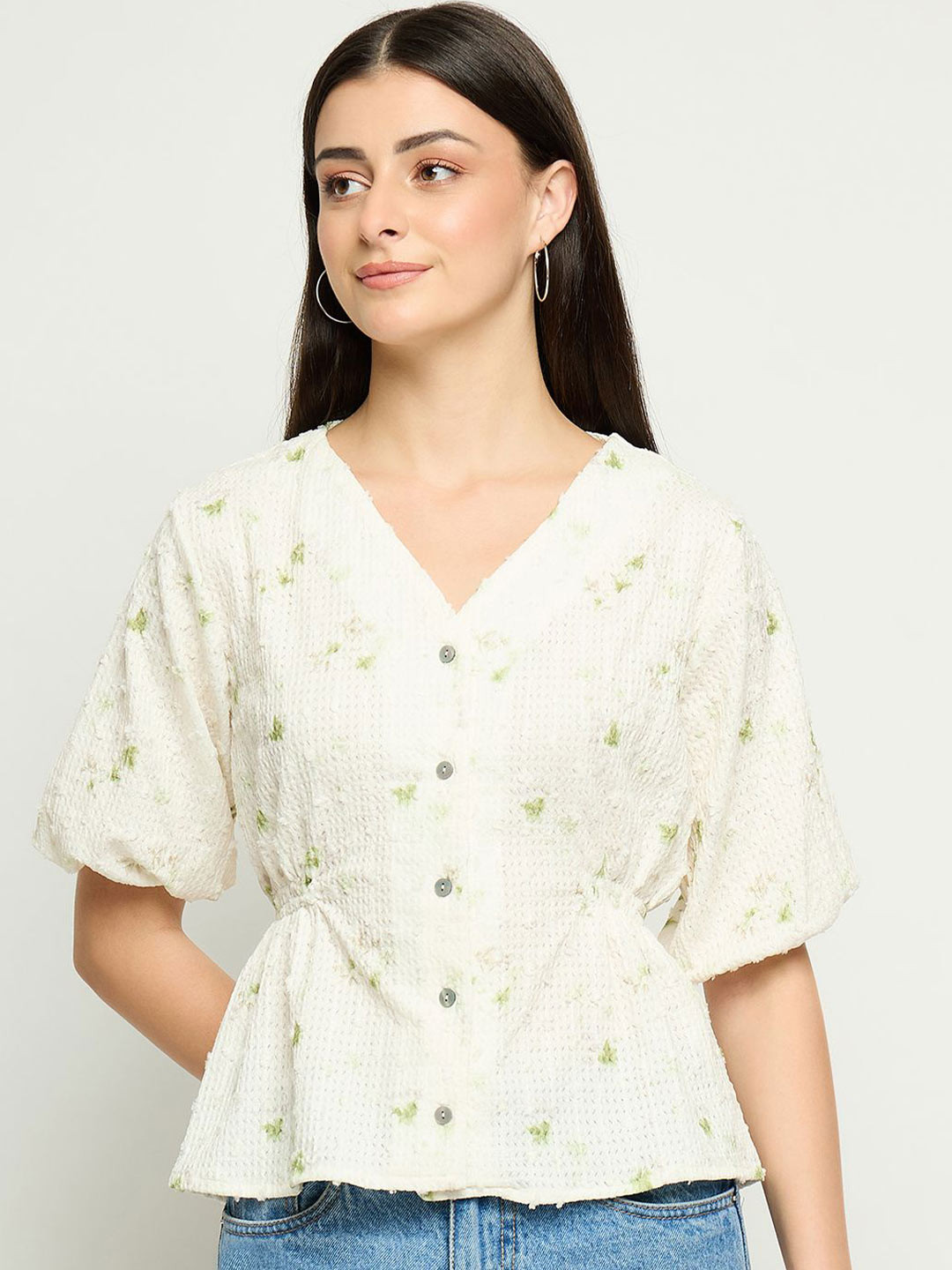 Madame Floral Printed V-Neck Puff Sleeves Shirt Style Top