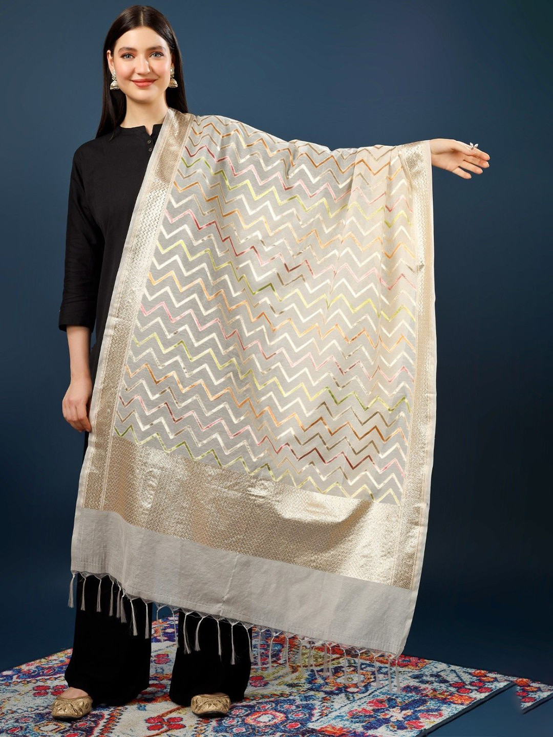 A R SILK DUPATTA HUB Pure barocade Chevron Woven Design Zari Chanderi Dupatta