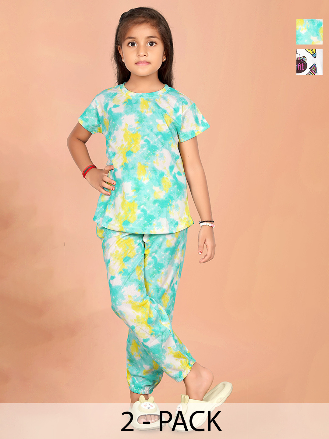 FEBVIBE Girls Pack Of 2 Printed Soft & Comfortable T-shirt With Pyjamas