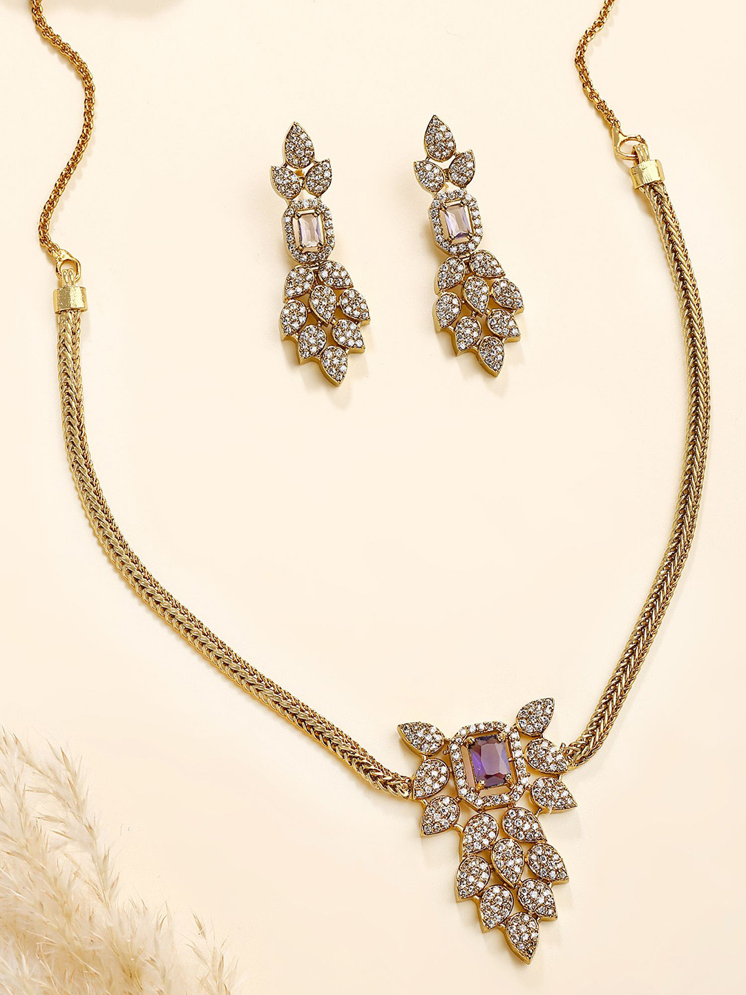 KARATCART Gold-Plated Leaf Design American Diamond Studded Jewellery Set