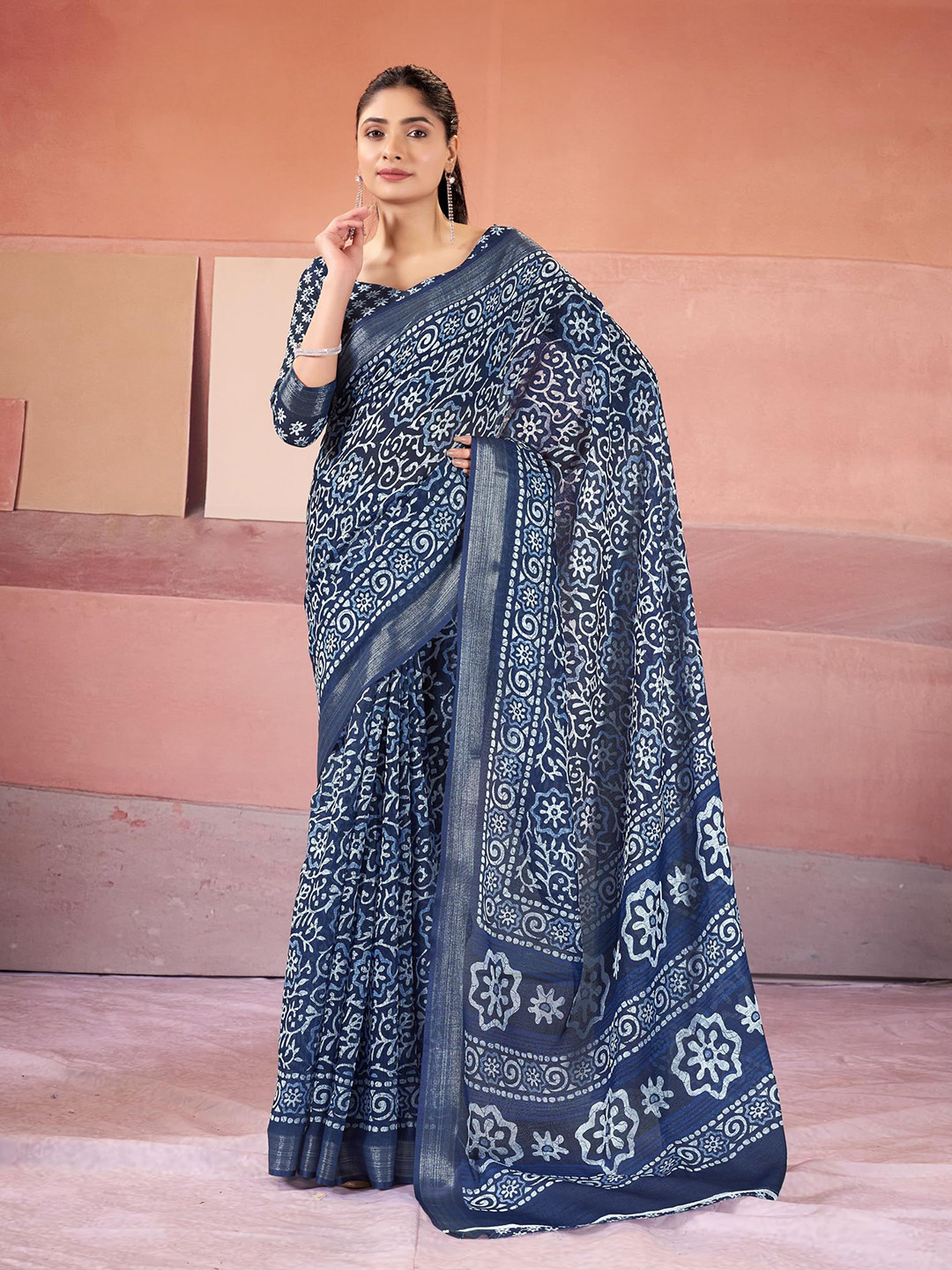 Garden Vareli Floral Printed Pure Linen Block Print Saree