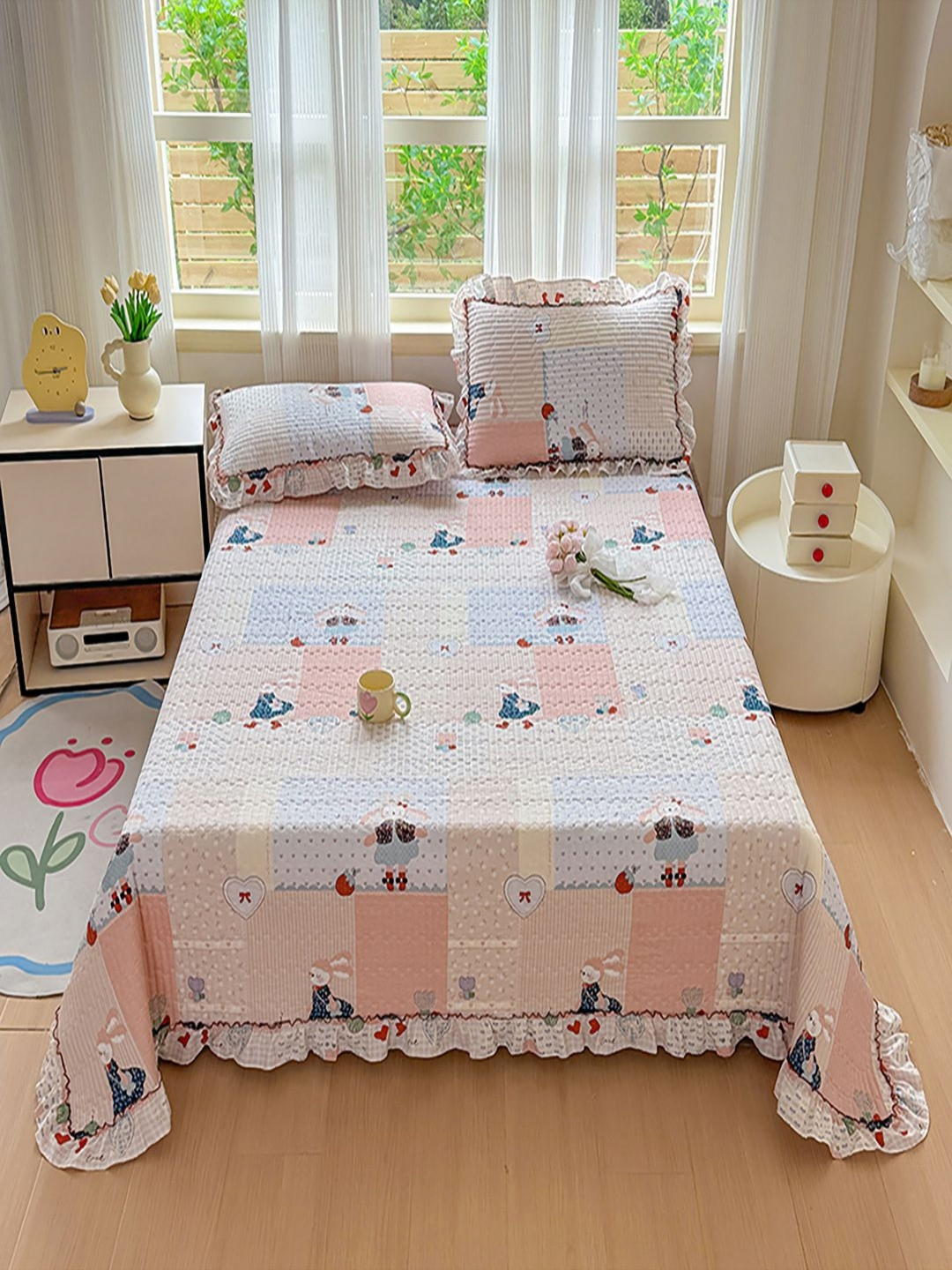 JC HOME Pink & Blue 3 Pieces Printed 162 TC Double King Bed Covers Set