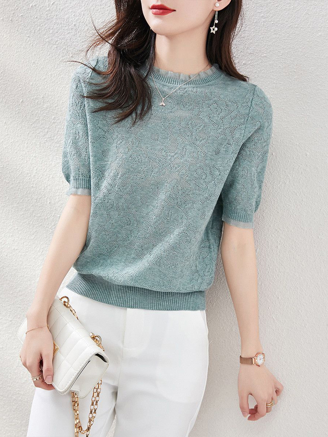 StyleCast Women Cotton Short Sleeve Crew Neck Pullover Sweater